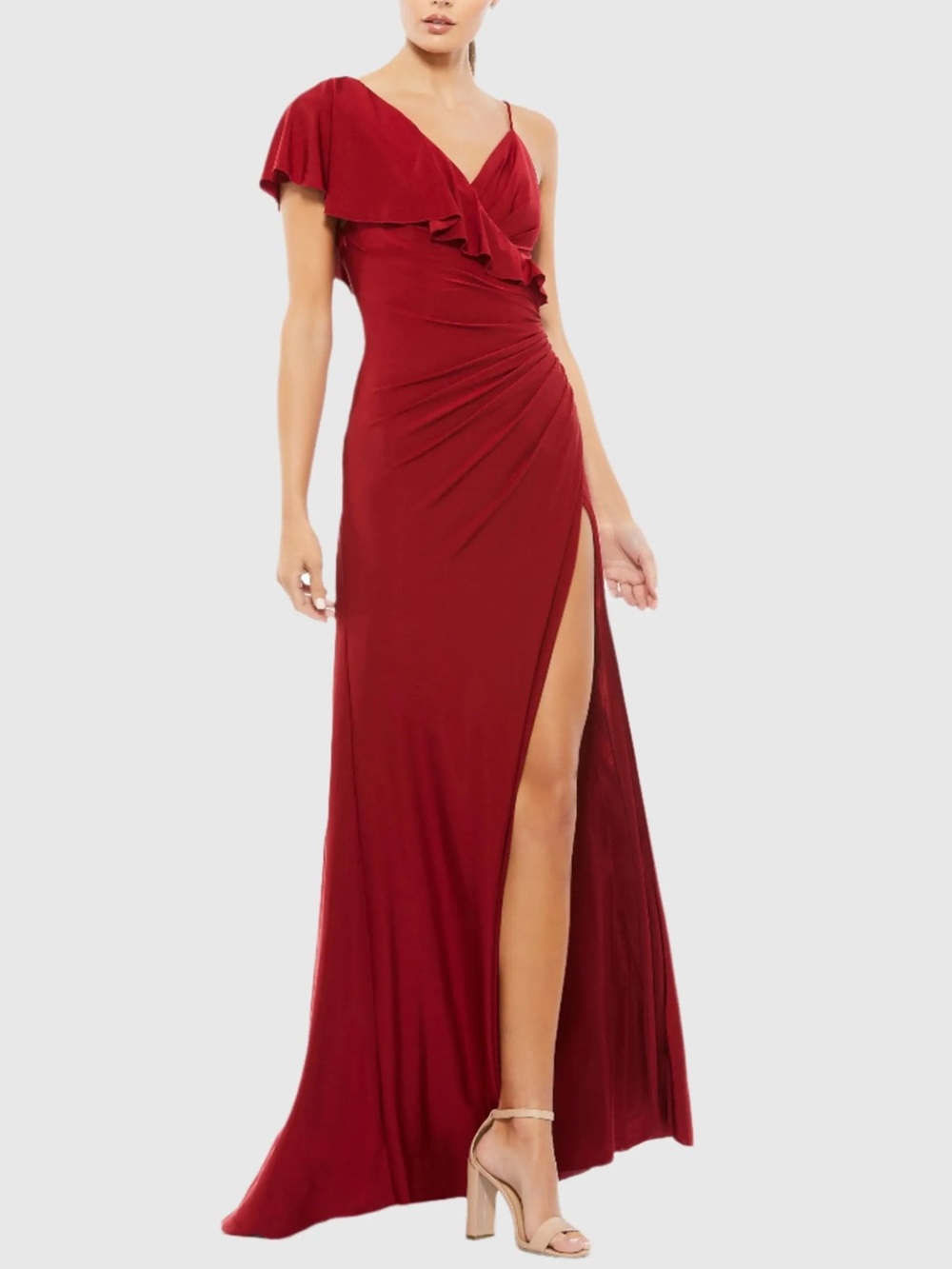 NWT Ieena Mac Duggal A11257 Asymmetric V Neck Jersey Ruffled Cap Sleeve Gown 16